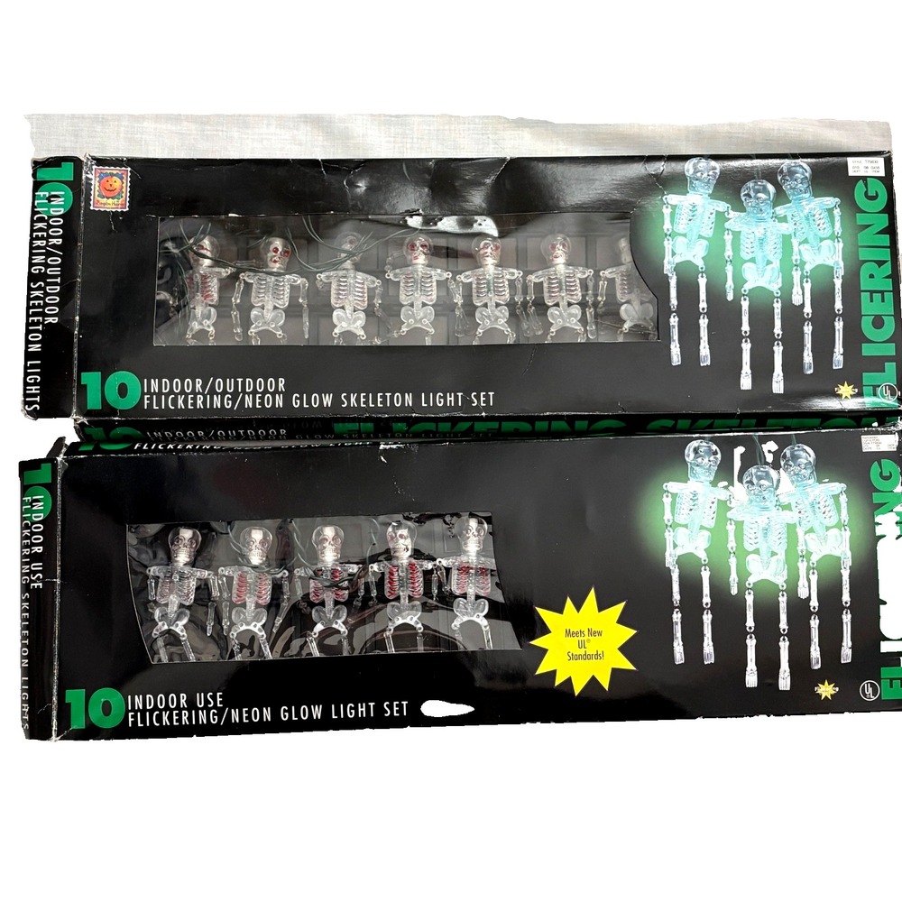 VTG 90s Halloween 2 Sets of 10 Skeleton String Light Indoor Flickering Neon Glow